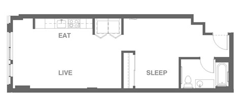 A floor plan of a small apartment with labeled rooms.